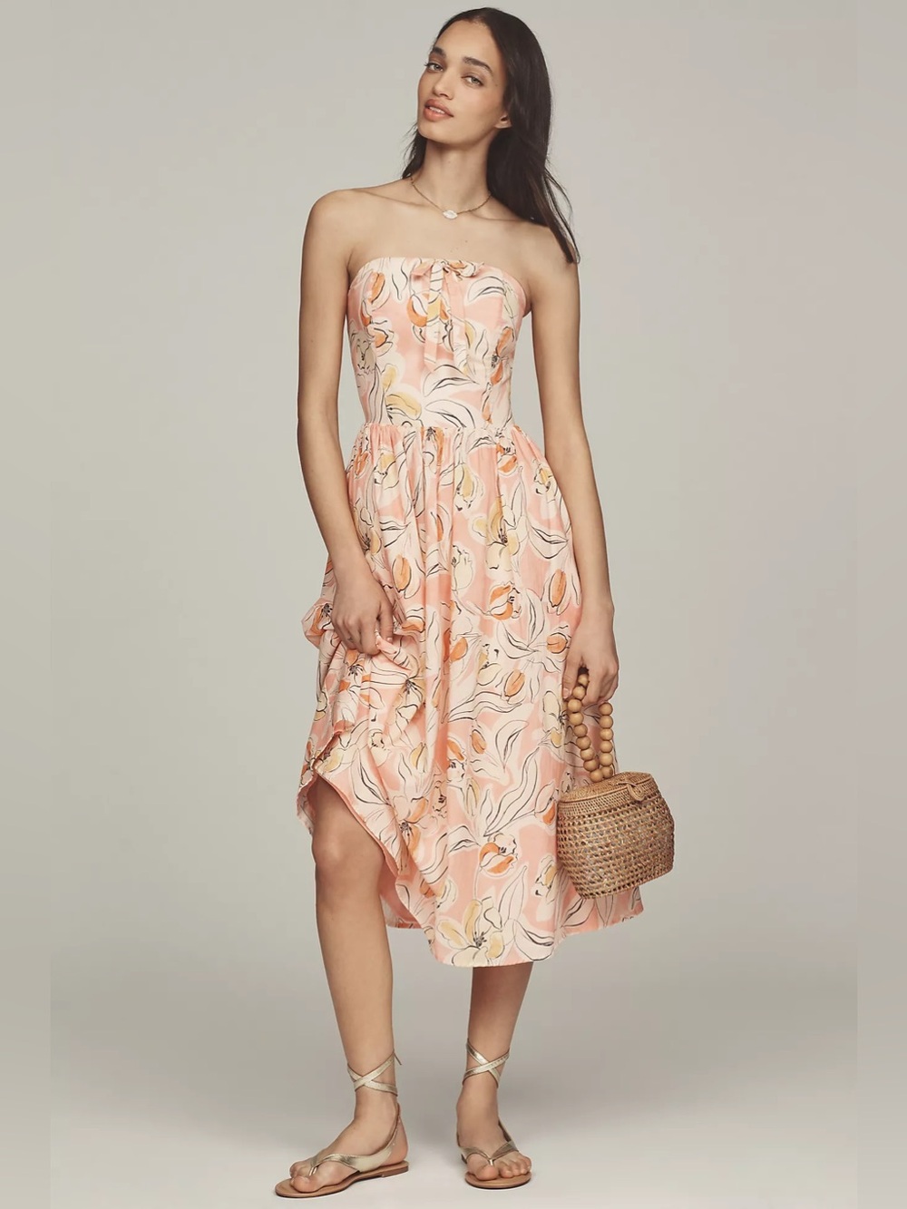 Hutch Strapless Peach Floral Handkerchief Hem Dress